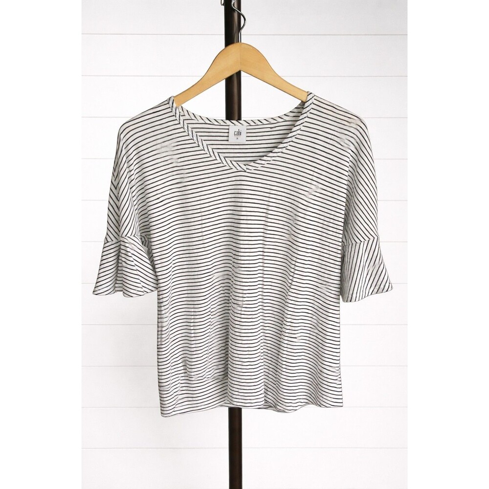 Cabi Shirt Womens Sz M Black White Striped Skipper Tee Bell Sleeve Style 5558